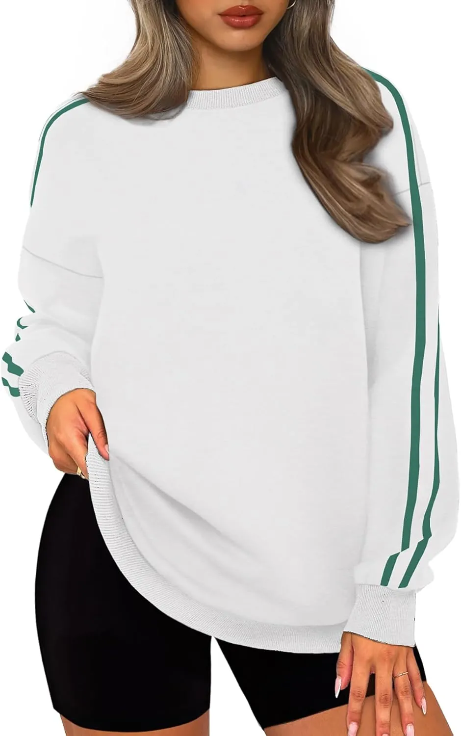 WIHOLL Womens Sweatshirts Oversized Long Sleeve Pullover Striped Shirts Crewneck Fall Outfits Y2K Preppy Clothes
