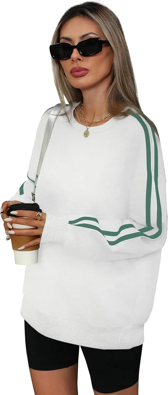 WIHOLL Womens Sweatshirts Oversized Long Sleeve Pullover Striped Shirts Crewneck Fall Outfits Y2K Preppy Clothes