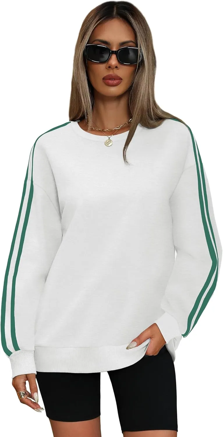 WIHOLL Womens Sweatshirts Oversized Long Sleeve Pullover Striped Shirts Crewneck Fall Outfits Y2K Preppy Clothes