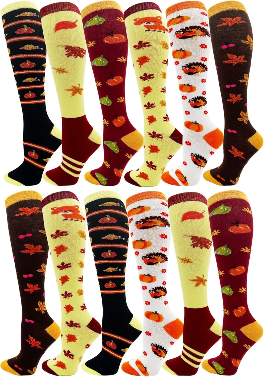 Winterlace Autumn Socks for Women Girls, 12 Pairs Bulk Fall Leaves Thanksgiving Holiday Colorful Pattern Novelty Cute