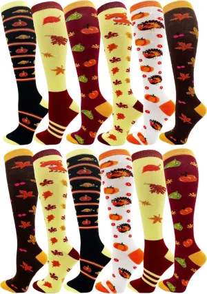 Winterlace Autumn Socks for Women Girls, 12 Pairs Bulk Fall Leaves Thanksgiving Holiday Colorful Pattern Novelty Cute