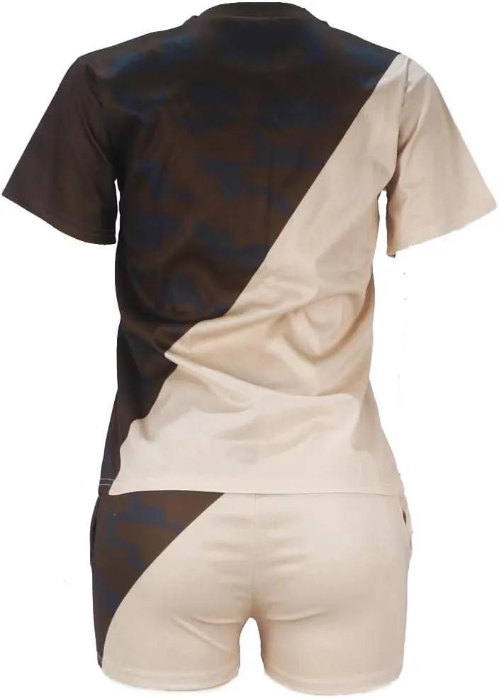 Women 2 piece Outfits Short Sleeve Casual Tracksuit Set Colorblock Top and Short Pants with Queen Crown Print