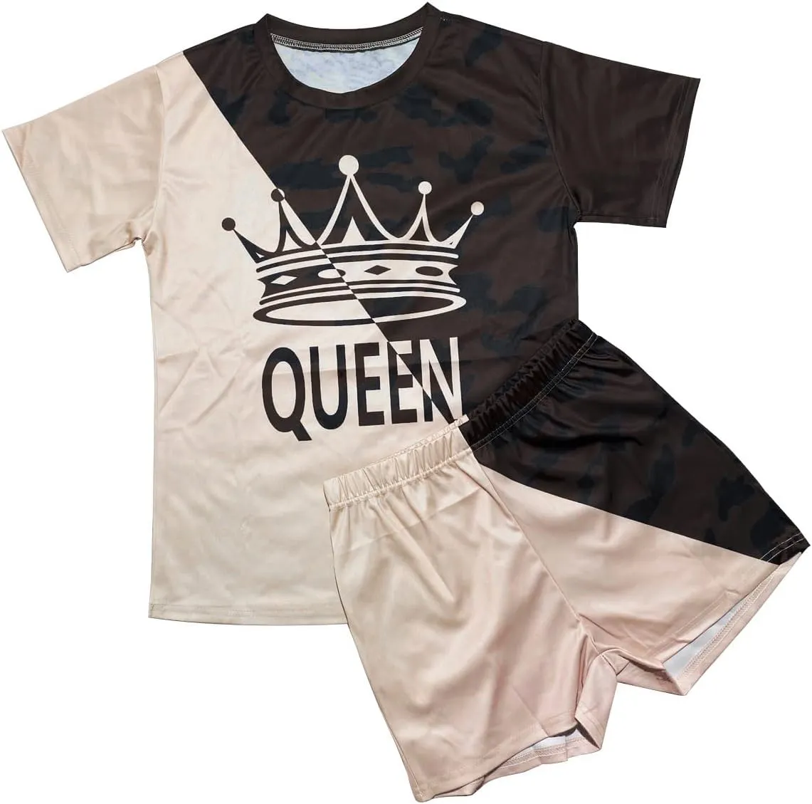 Women 2 piece Outfits Short Sleeve Casual Tracksuit Set Colorblock Top and Short Pants with Queen Crown Print