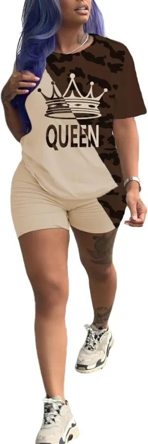Women 2 piece Outfits Short Sleeve Casual Tracksuit Set Colorblock Top and Short Pants with Queen Crown Print
