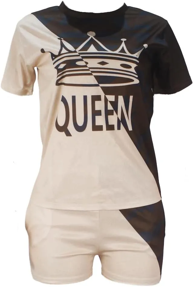 Women 2 piece Outfits Short Sleeve Casual Tracksuit Set Colorblock Top and Short Pants with Queen Crown Print