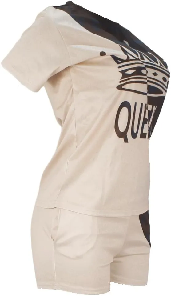 Women 2 piece Outfits Short Sleeve Casual Tracksuit Set Colorblock Top and Short Pants with Queen Crown Print