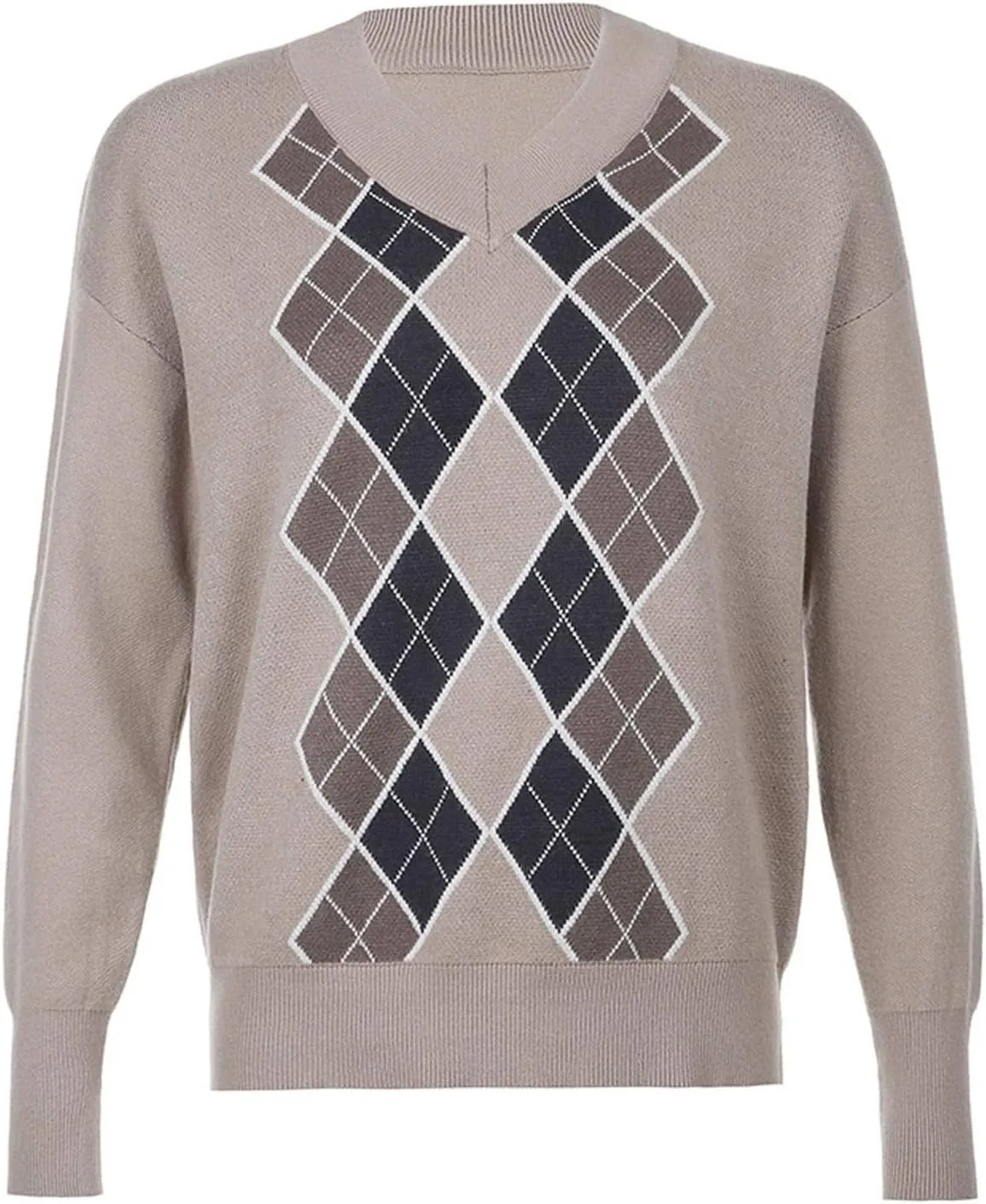 Women Argyle Plaid Oversized Sweater Long Sleeve Crewneck 90s Vintage Aesthetic Pullover Top Harajuku Preppy Sweater