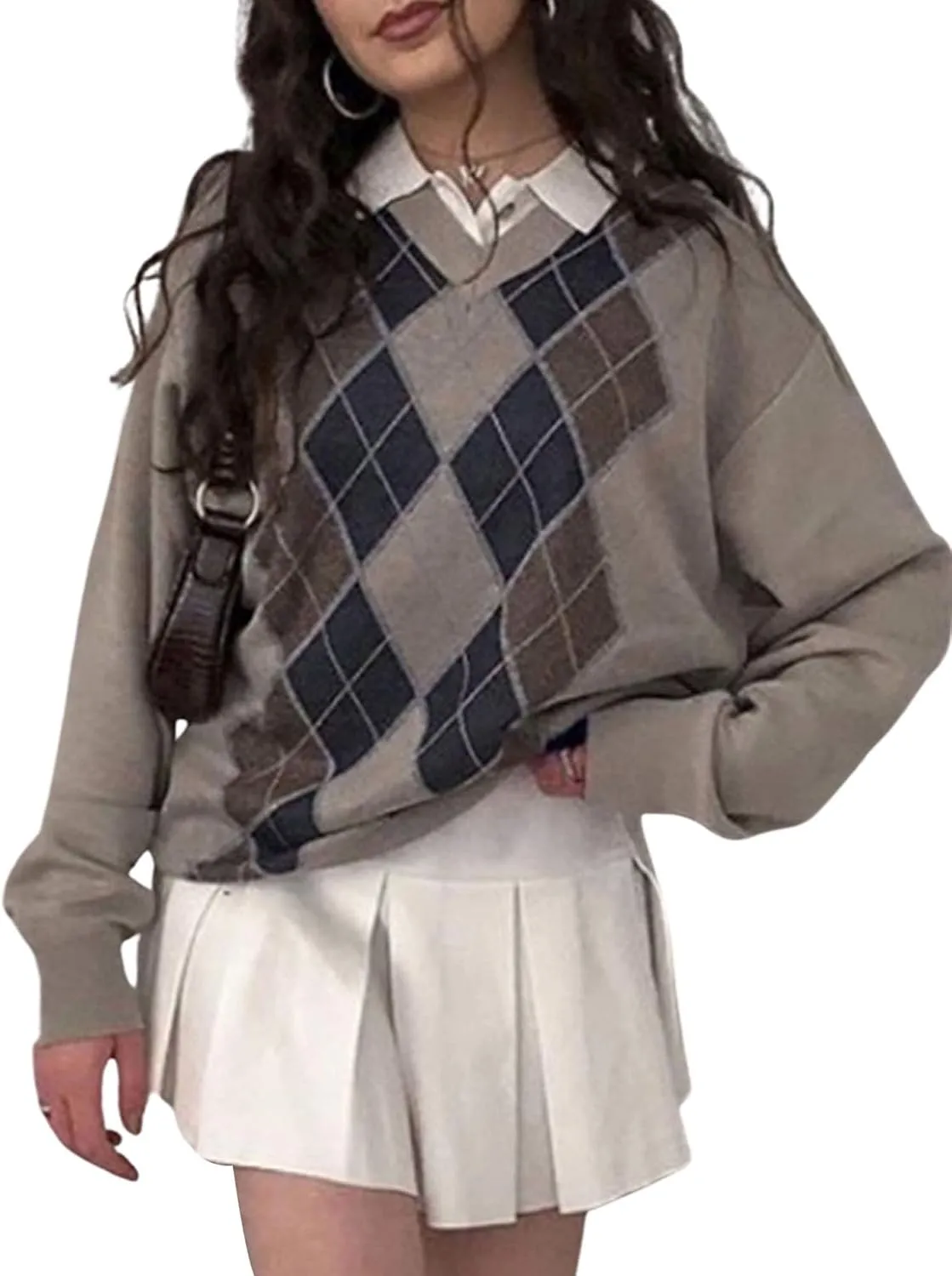 Women Argyle Plaid Oversized Sweater Long Sleeve Crewneck 90s Vintage Aesthetic Pullover Top Harajuku Preppy Sweater