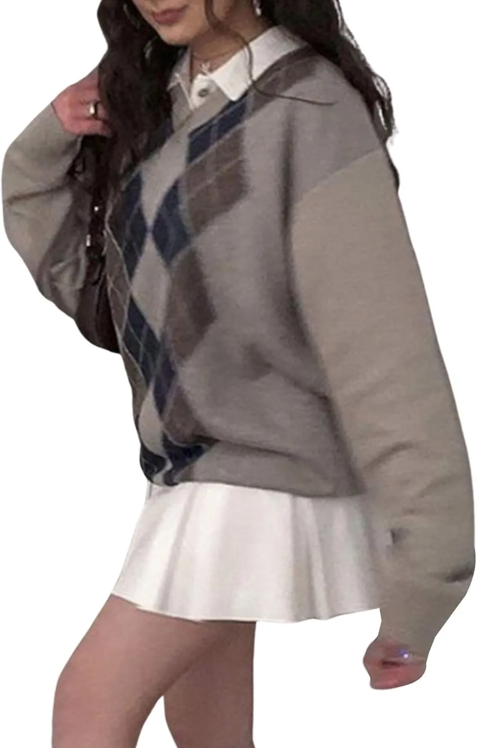 Women Argyle Plaid Oversized Sweater Long Sleeve Crewneck 90s Vintage Aesthetic Pullover Top Harajuku Preppy Sweater