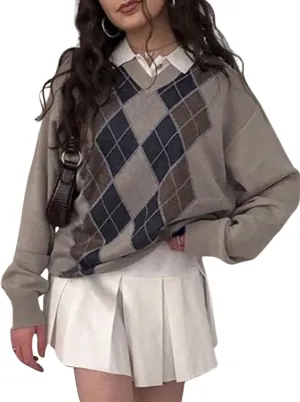 Women Argyle Plaid Oversized Sweater Long Sleeve Crewneck 90s Vintage Aesthetic Pullover Top Harajuku Preppy Sweater