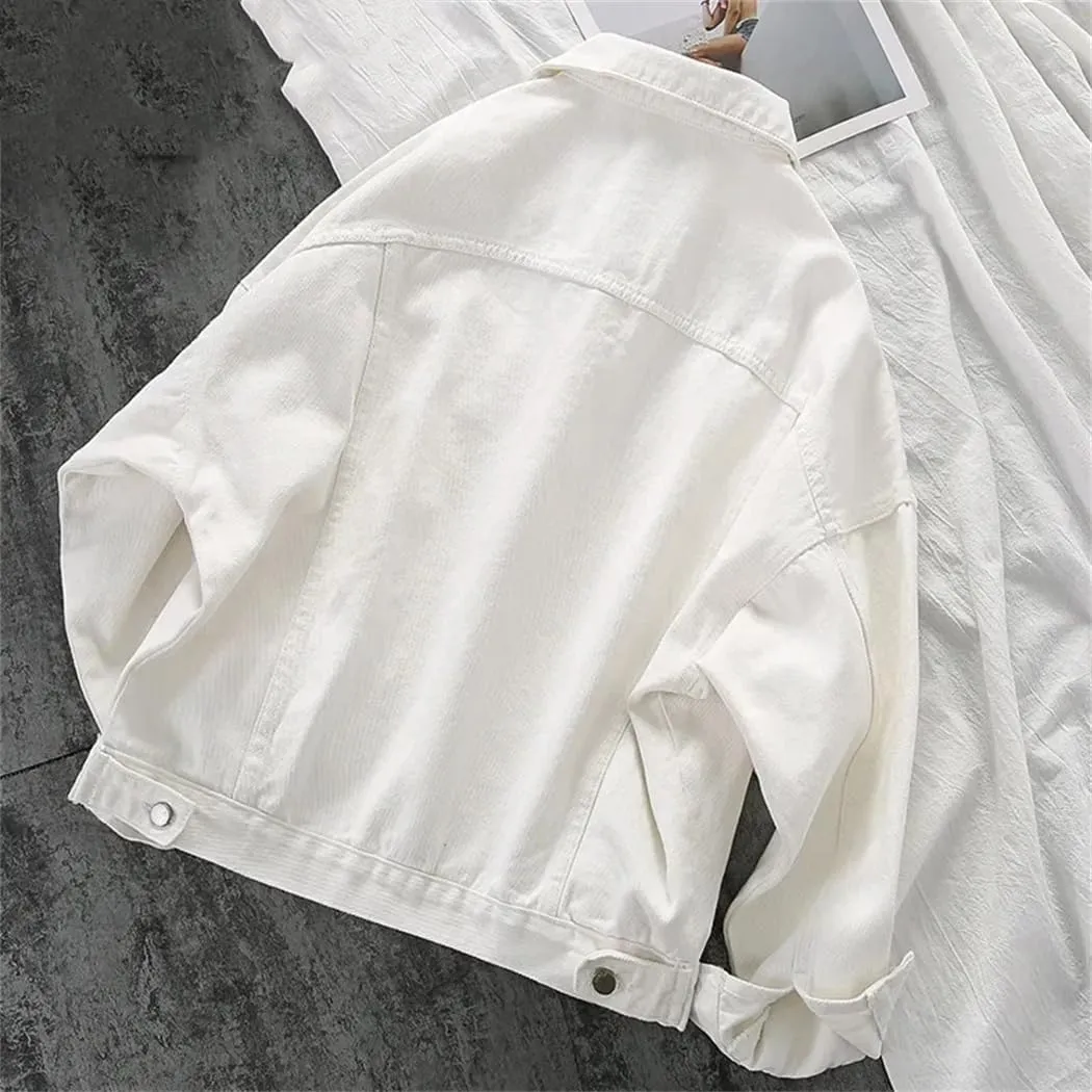 Women Autumn Turn-Down Collar Denim Jacket Casual Short Simple Basic Single Breasted Jackets