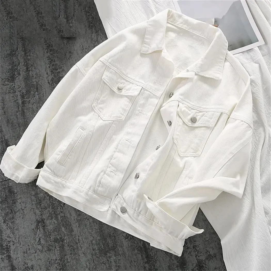 Women Autumn Turn-Down Collar Denim Jacket Casual Short Simple Basic Single Breasted Jackets