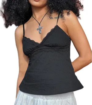 Women Babydoll Cami Top Y2K Cute V Neck Spaghetti Strap Casual Camisole Fairy Grunge Aesthetic Preppy Going Out Tops