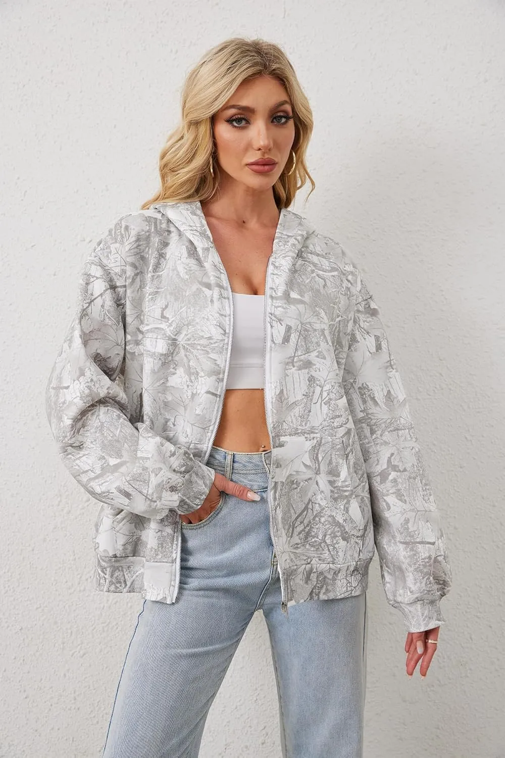 Women Camo Zip Up Oversized Fleece Hoodie Long Sleeve Maple Leaf Print Hooded Jacket Baggy Hoodie with Pockets