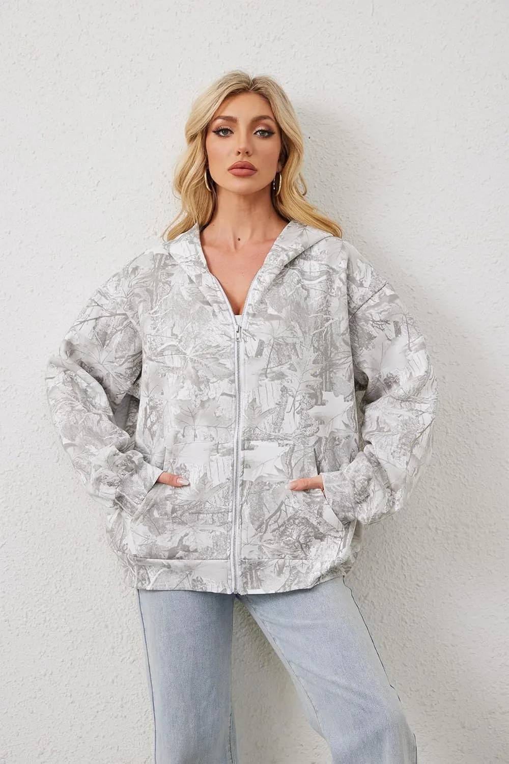 Women Camo Zip Up Oversized Fleece Hoodie Long Sleeve Maple Leaf Print Hooded Jacket Baggy Hoodie with Pockets