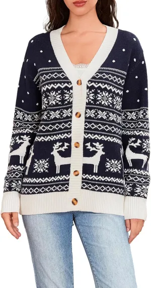 Women Christmas Cardigan Sweater Long Sleeve Button Down Open Front Crop Knit Sweater Coat Christmas Warm Outerwear