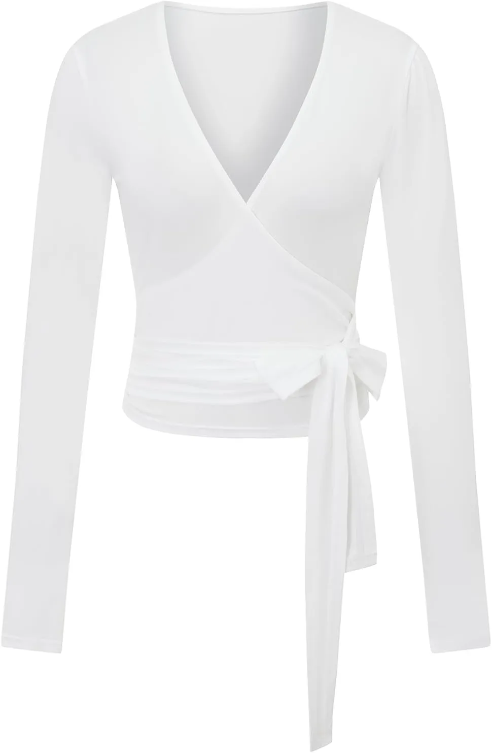 Women Cross Wrap Tops Long Sleeve Deep V Neck Tie Slim Fit T-Shirts Solid Color Workout Ballet Pilates Yoga Top