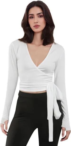 Women Cross Wrap Tops Long Sleeve Deep V Neck Tie Slim Fit T-Shirts Solid Color Workout Ballet Pilates Yoga Top