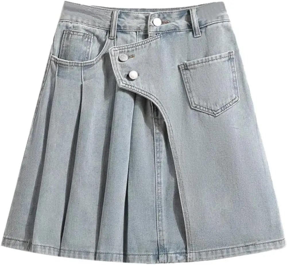 Women Denim A-Line Mini Skirts Summer Irregular Ruffle Pleated Skirts