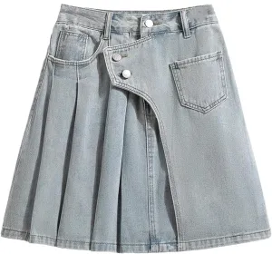 Women Denim A-Line Mini Skirts Summer Irregular Ruffle Pleated Skirts