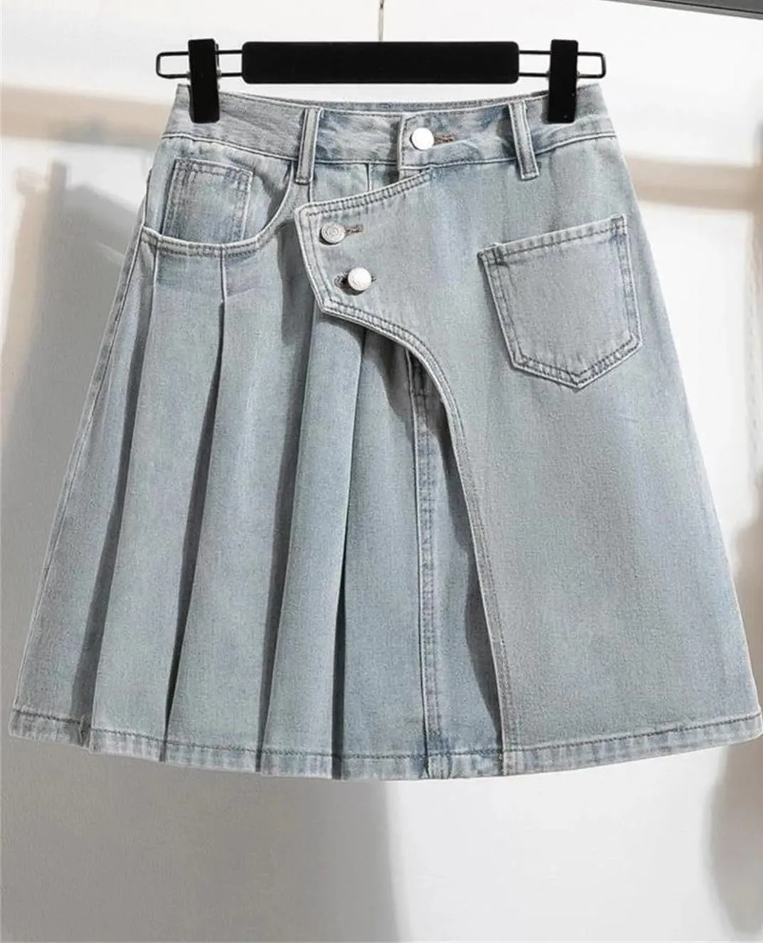 Women Denim A-Line Mini Skirts Summer Irregular Ruffle Pleated Skirts