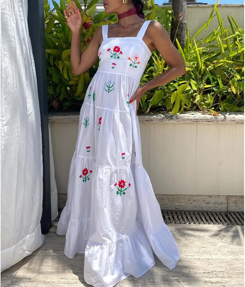 Women Embroidered Maxi Dress Sleeveless Smocked Flowy Sundress Boho Summer Long Dresses Beach Vocation