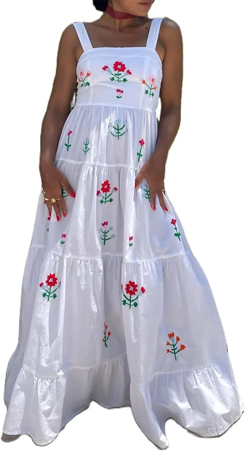 Women Embroidered Maxi Dress Sleeveless Smocked Flowy Sundress Boho Summer Long Dresses Beach Vocation