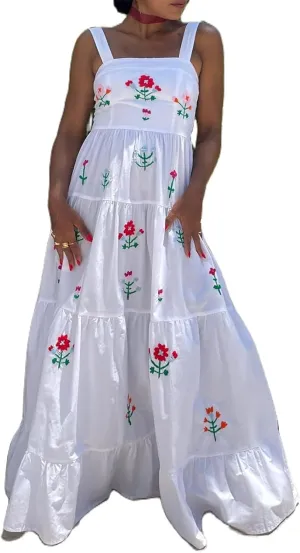 Women Embroidered Maxi Dress Sleeveless Smocked Flowy Sundress Boho Summer Long Dresses Beach Vocation
