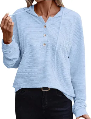 Women Fall Long Sleeve Casual Button V Neck Hoodies Oversized Sweatshirt Hooded Durable Breathable Basic Pullover