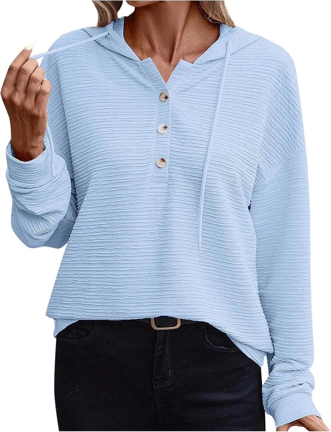 Women Fall Long Sleeve Casual Button V Neck Hoodies Oversized Sweatshirt Hooded Durable Breathable Basic Pullover