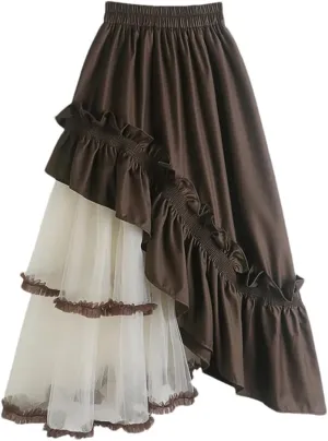 Women High Elastic Waist Ruffles Mesh Skirt A Line Half Body Irregular Hem Fashion Skirts