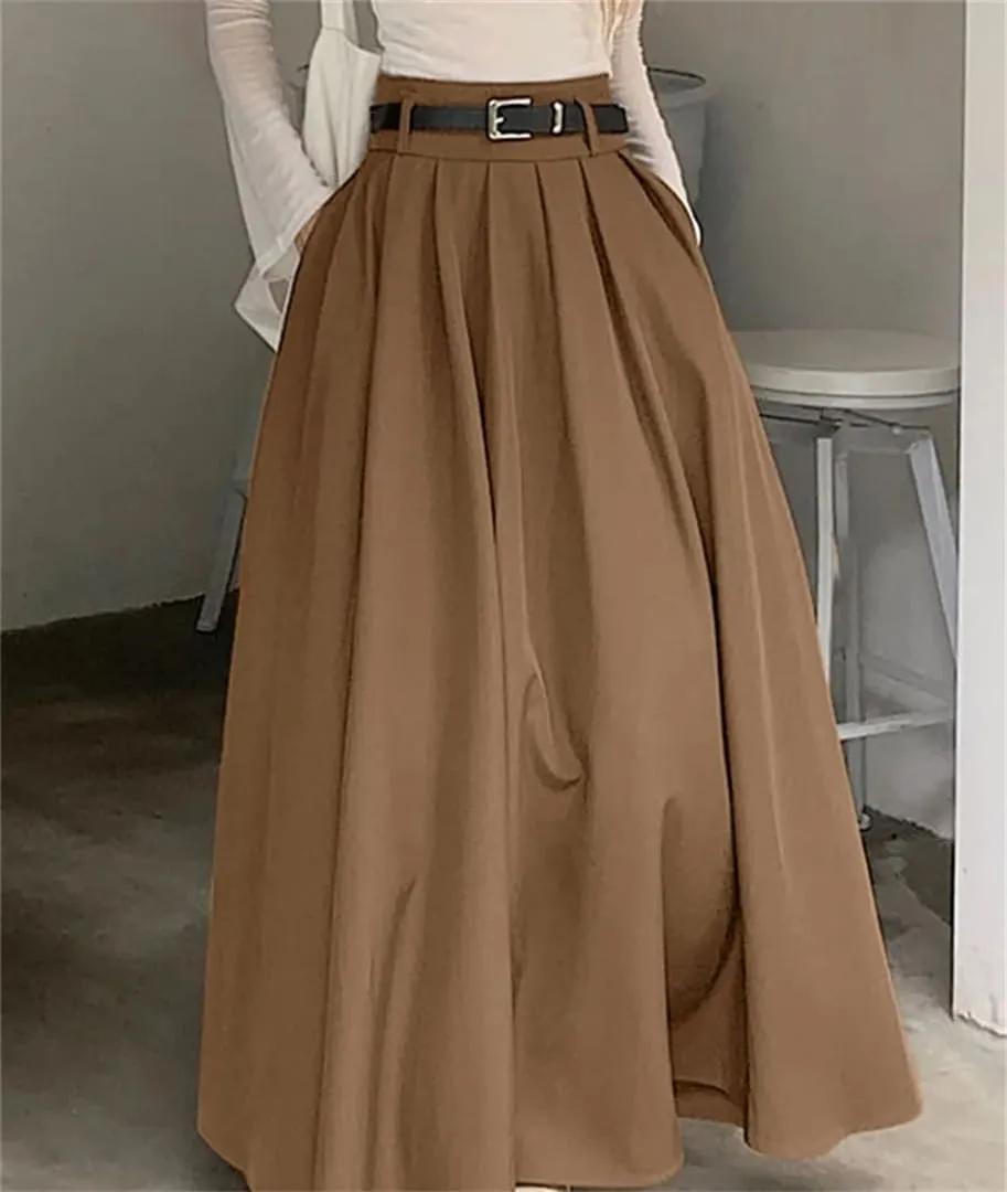 Women High Waist Spring Vintage Office Pleating Swing Skirt Holiday Loose Solid Maxi Skirt