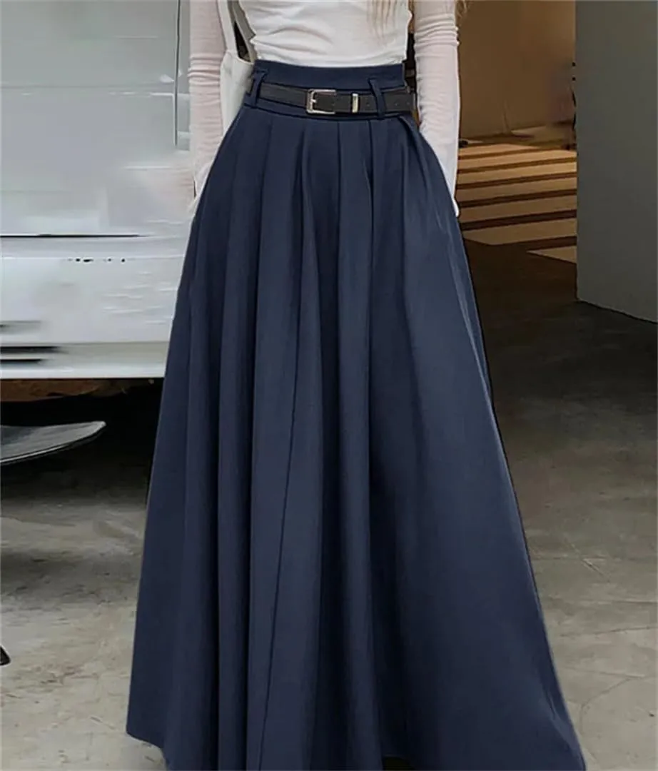 Women High Waist Spring Vintage Office Pleating Swing Skirt Holiday Loose Solid Maxi Skirt