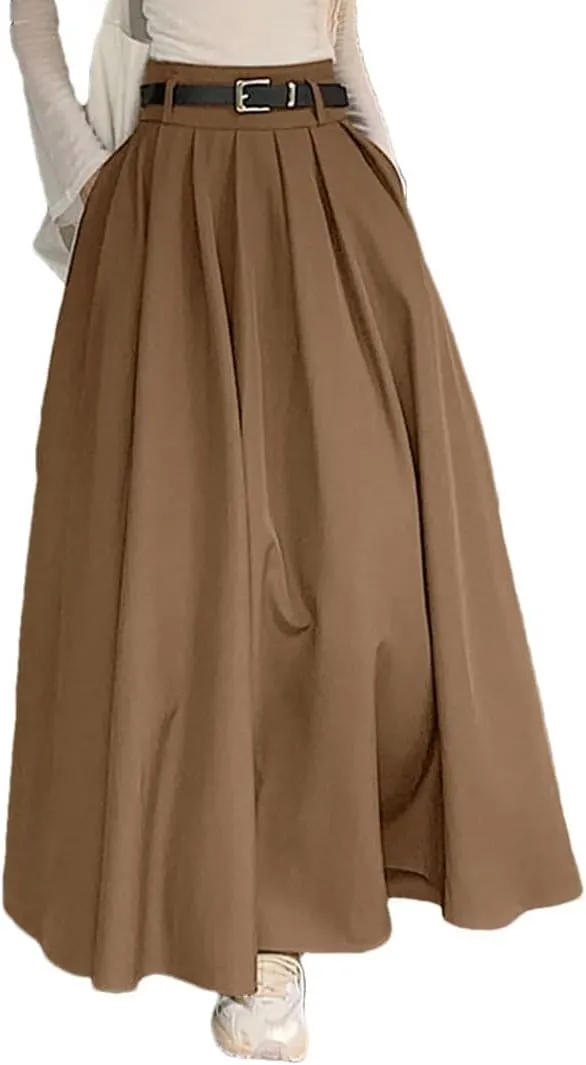 Women High Waist Spring Vintage Office Pleating Swing Skirt Holiday Loose Solid Maxi Skirt