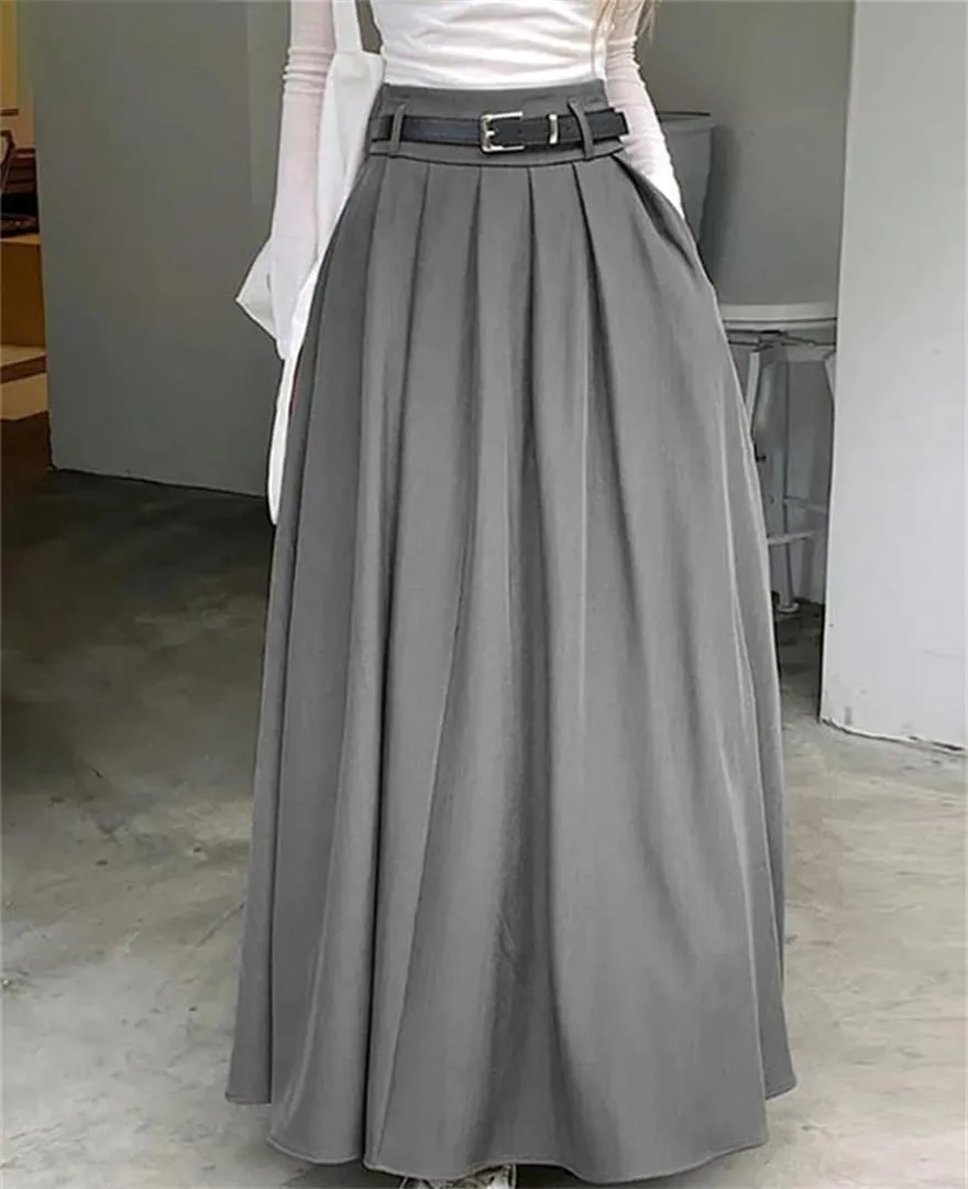 Women High Waist Spring Vintage Office Pleating Swing Skirt Holiday Loose Solid Maxi Skirt