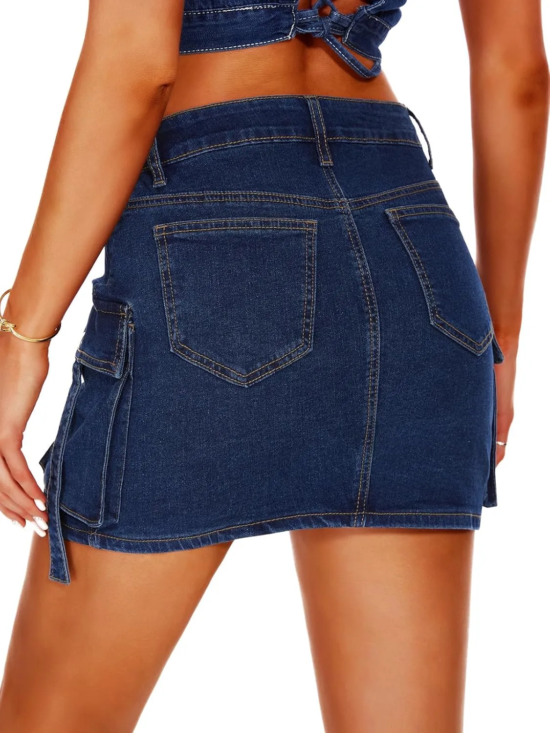 Women High Waisted Denim Mini Y2K Casual Jean Cargo Skirt with Flap Pockets