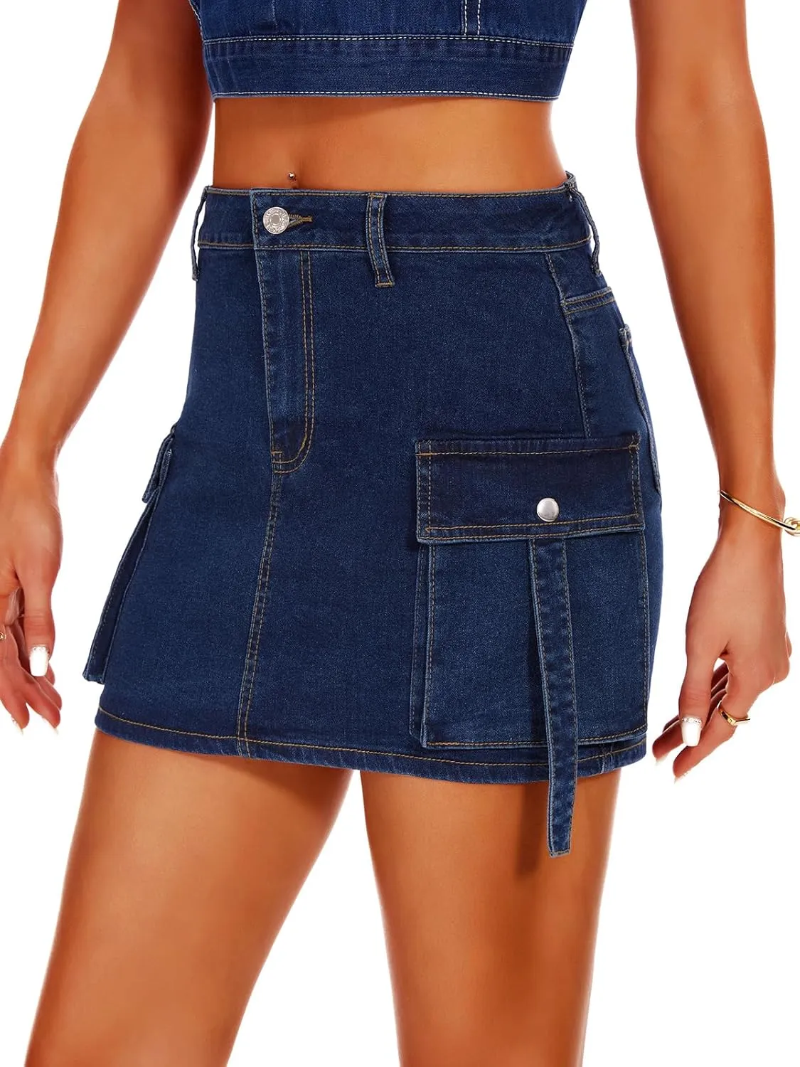 Women High Waisted Denim Mini Y2K Casual Jean Cargo Skirt with Flap Pockets