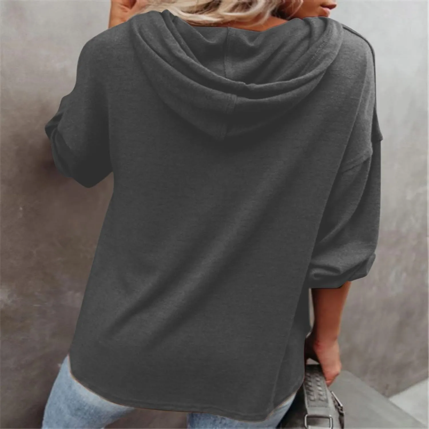 Women Hoodies Drawstring Long Sleeve Pullover Drop Shoulder V Neck Sweatshirt Casual Versatile Trendy Hooded Shirt