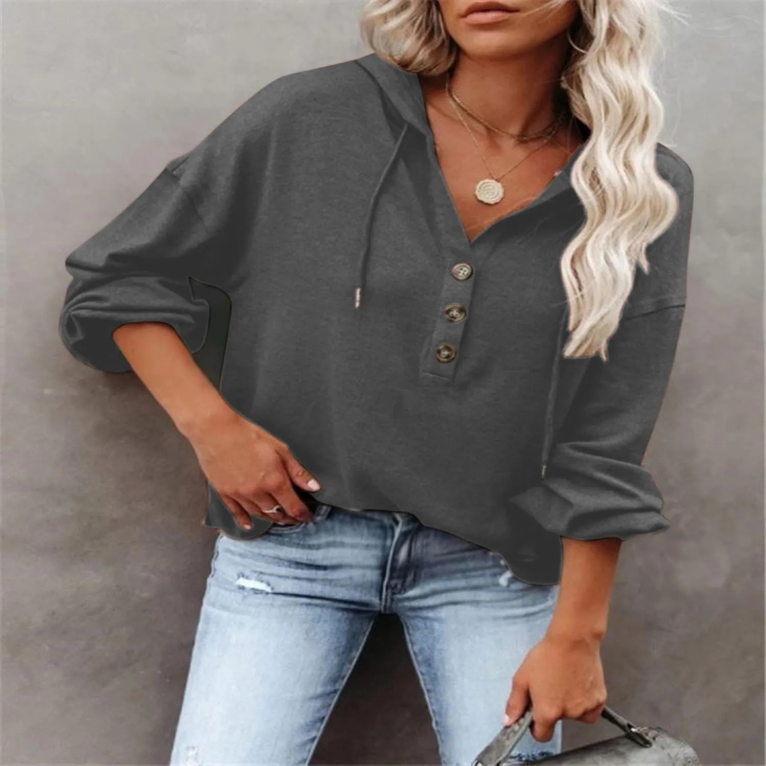 Women Hoodies Drawstring Long Sleeve Pullover Drop Shoulder V Neck Sweatshirt Casual Versatile Trendy Hooded Shirt