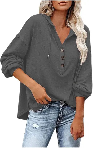 Women Hoodies Drawstring Long Sleeve Pullover Drop Shoulder V Neck Sweatshirt Casual Versatile Trendy Hooded Shirt