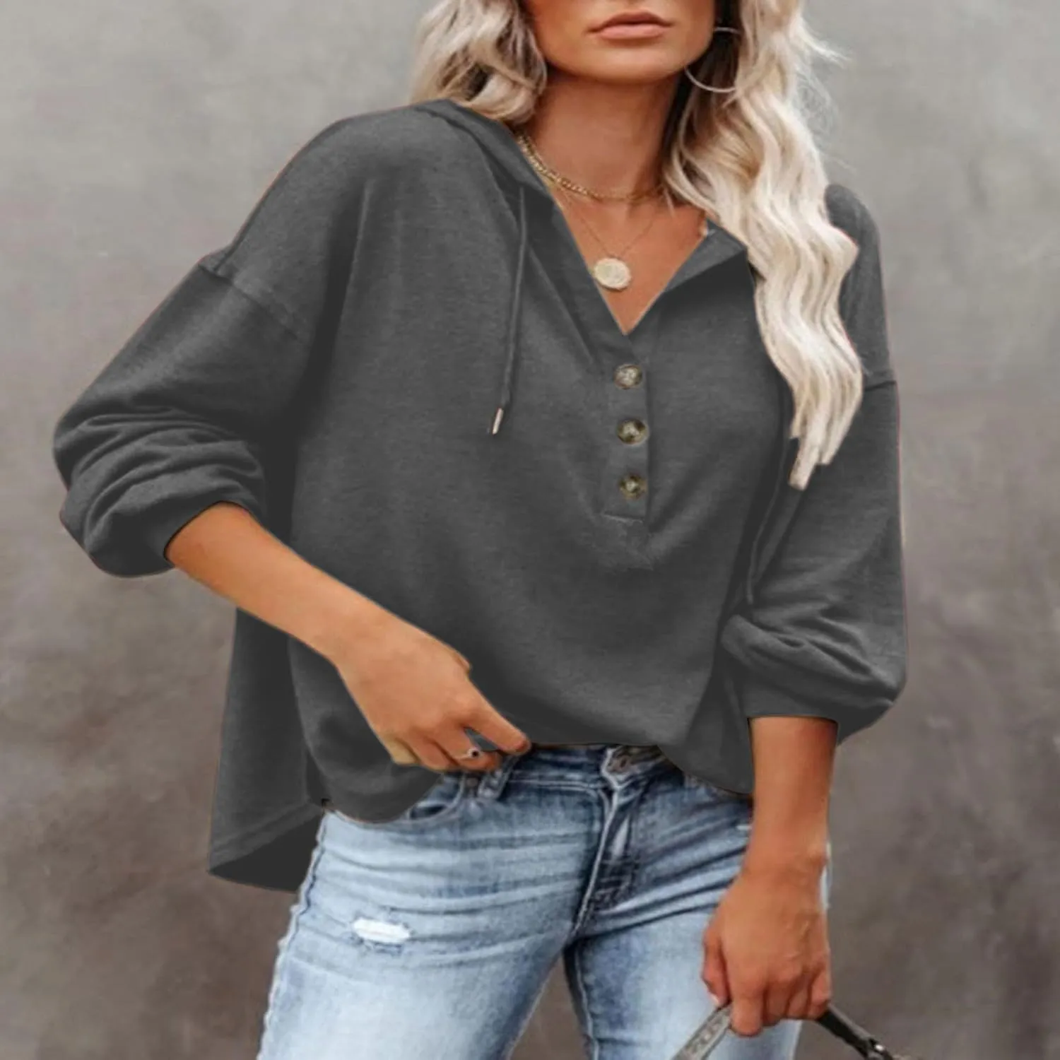 Women Hoodies Drawstring Long Sleeve Pullover Drop Shoulder V Neck Sweatshirt Casual Versatile Trendy Hooded Shirt