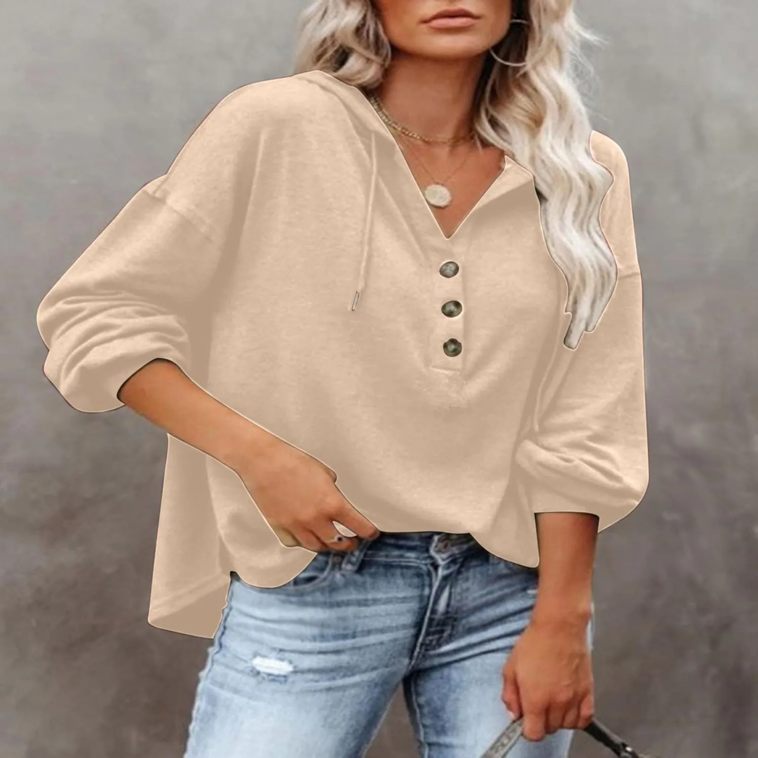 Women Hoodies Long Sleeve Pullover Button V Neck Sweatshirts Solid Color Business Casual Elegant Spring Fall Top