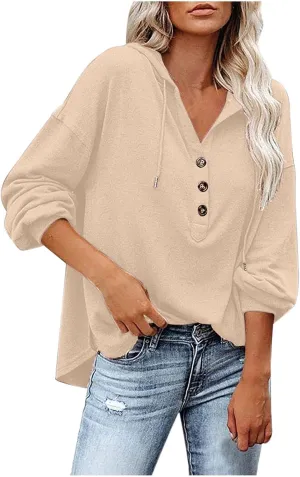 Women Hoodies Long Sleeve Pullover Button V Neck Sweatshirts Solid Color Business Casual Elegant Spring Fall Top