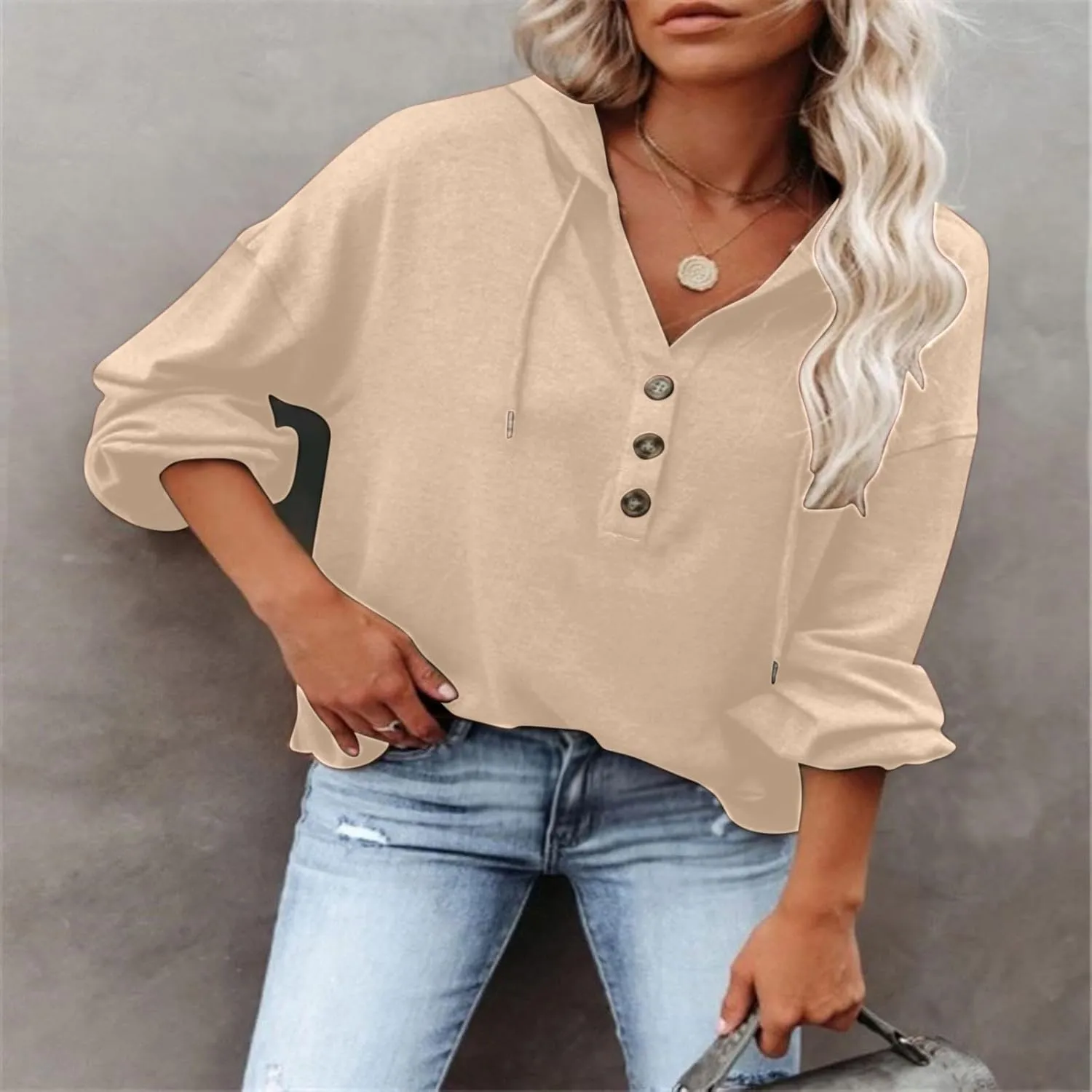Women Hoodies Long Sleeve Pullover Button V Neck Sweatshirts Solid Color Business Casual Elegant Spring Fall Top