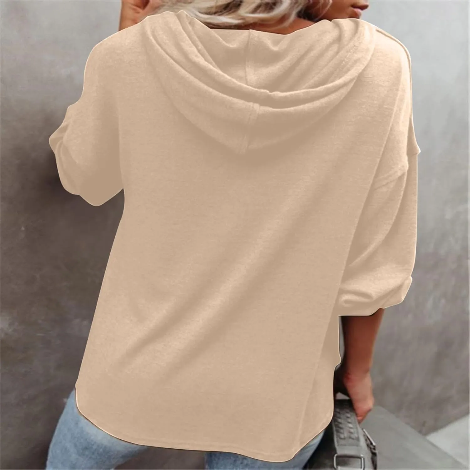 Women Hoodies Long Sleeve Pullover Button V Neck Sweatshirts Solid Color Business Casual Elegant Spring Fall Top