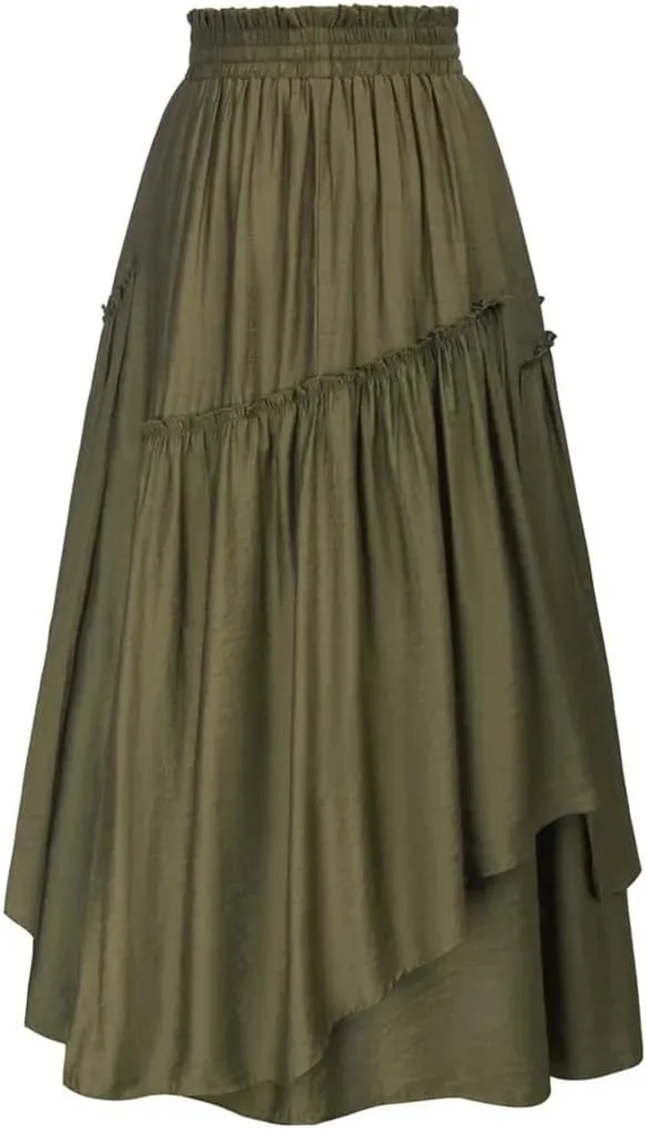 Women Long Gauze Decorated Drawstring Waist Swing Skirt Layered Asymmetrical Midi Maxi Skirts