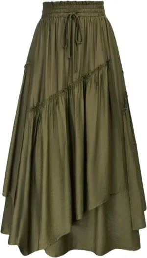 Women Long Gauze Decorated Drawstring Waist Swing Skirt Layered Asymmetrical Midi Maxi Skirts