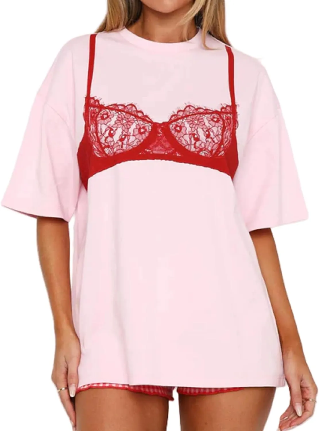 Women Oversized Bra Graphic T Shirt Sexy Bikini Print Crewneck Short Sleeve Tops Y2k Aesthetic Coquette Clothes