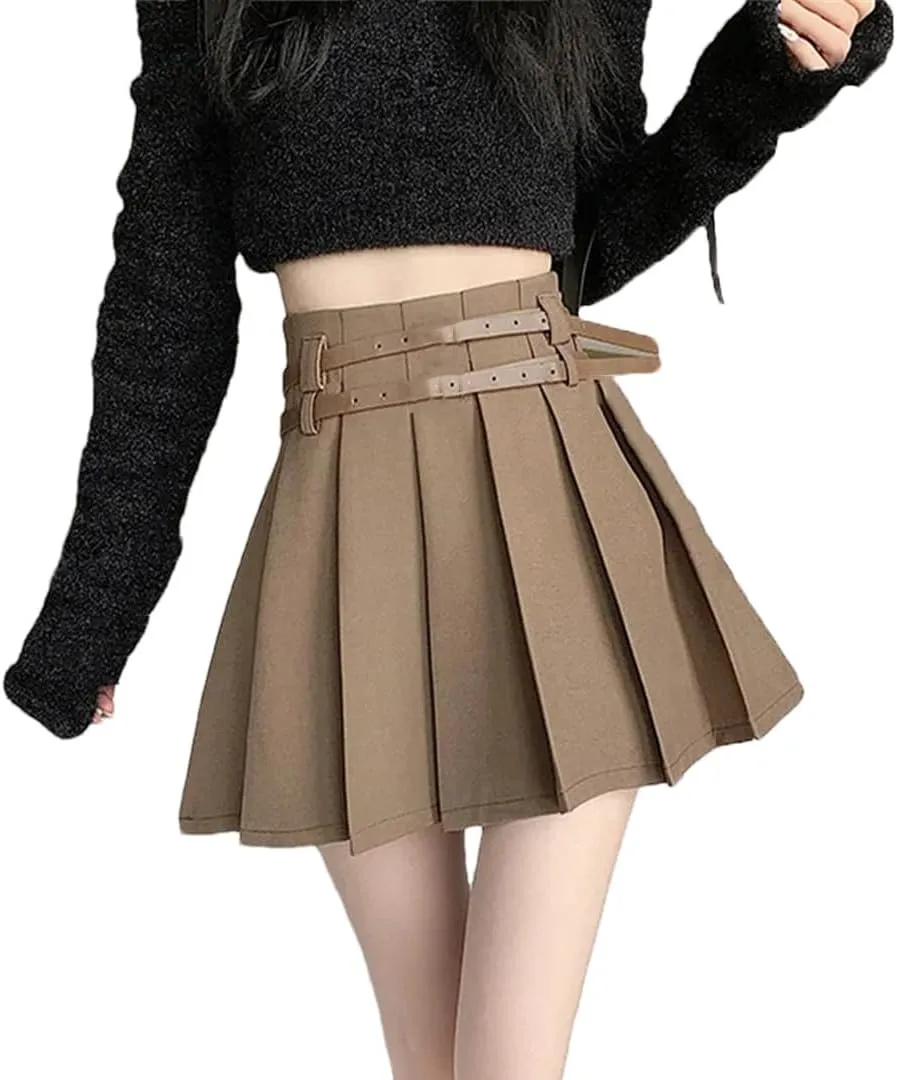 Women Spring Summer Pleated Sexy Mini Skirts High Waist Casual Golf Skirts with Double Belt