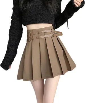 Women Spring Summer Pleated Sexy Mini Skirts High Waist Casual Golf Skirts with Double Belt